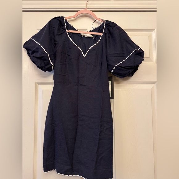 Tuckernuck Navy Striped Piping Keel Puff Sleeve Mini Dress with White Trim XS - Picture 5 of 5
